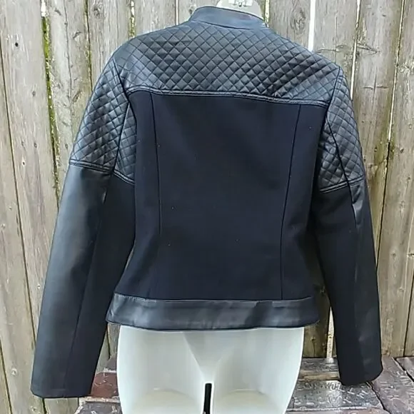 Black Wool & Vinyl Quilted Cafe Motorcycle Jacket - Picture 2 of 4